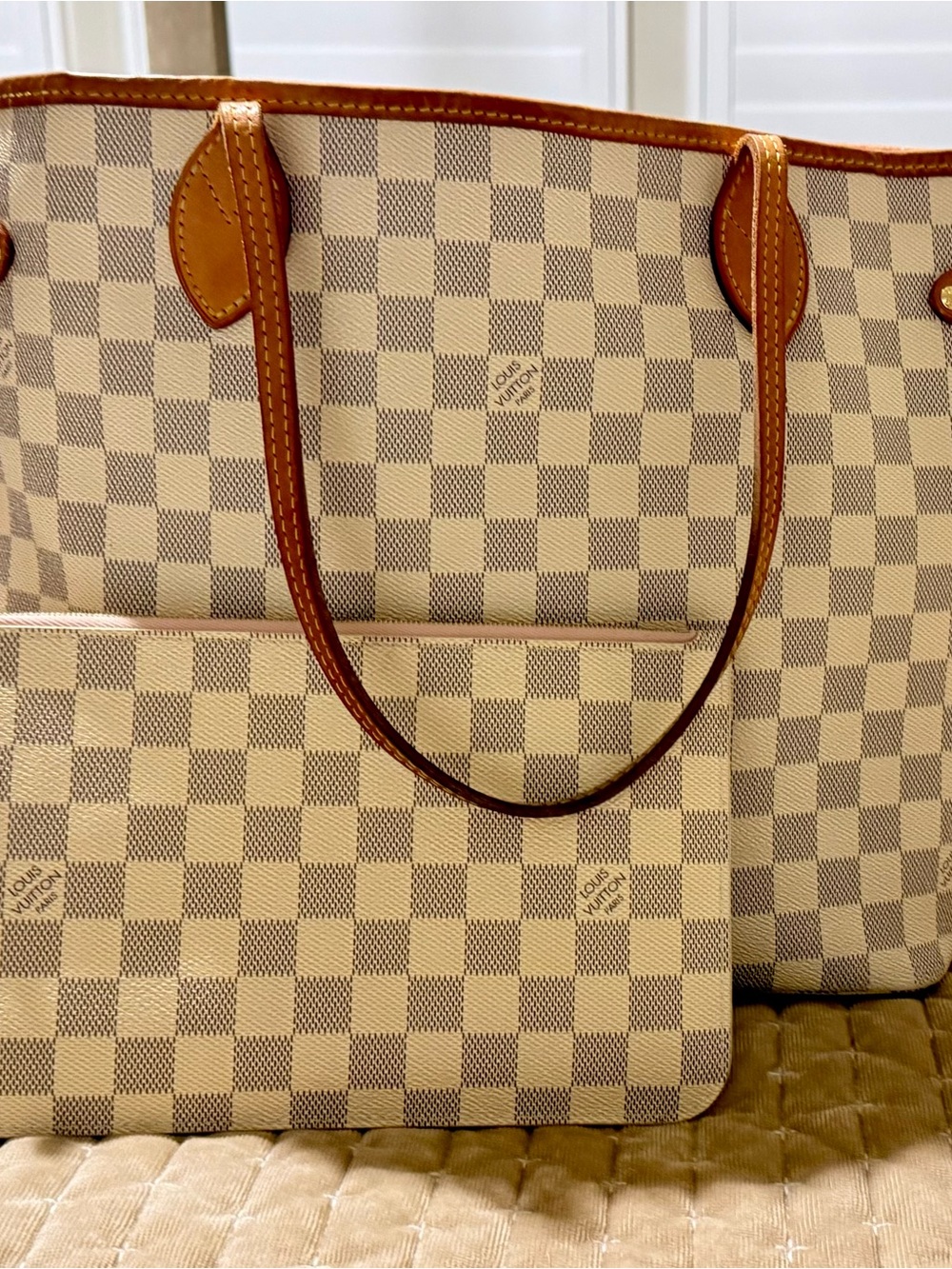 Louis Vuitton Damier Azur Canvas Neverfull Tote with Tan Trim
